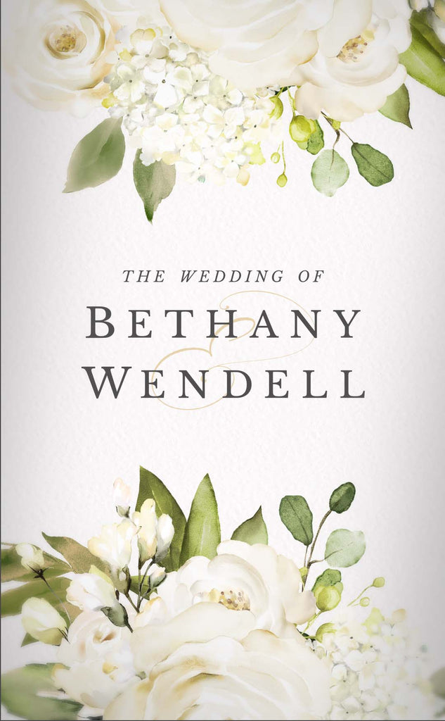 White florals surrounding the text 'The wedding of Bethany and Wendell'.